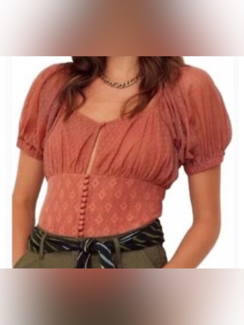 Free People Terracotta Button-Front Puff Sleeve Top